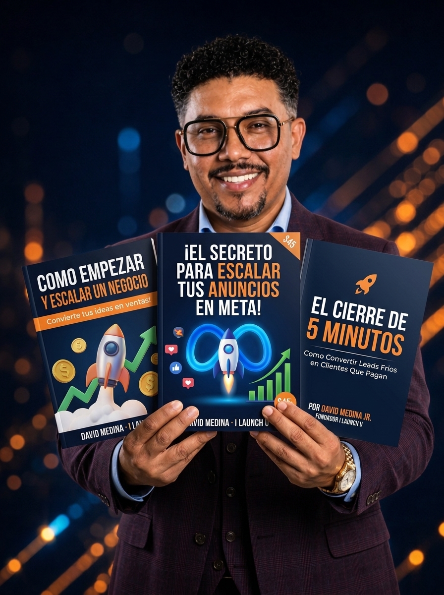 David Medina sosteniendo los 3 ebooks: Cómo Empezar y Escalar un Negocio, El Secreto para Escalar tus Anuncios en Meta, y El Cierre de 5 Minutos